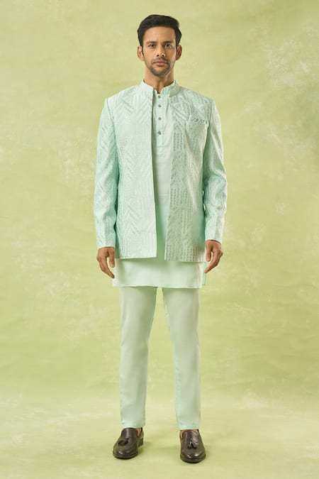 Spring Break_Green Silk, Cotton Satin Embroidery Geometric Thread Jacket Kurta Set _at_Aza_Fashions