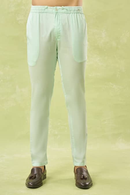 Buy_Spring Break_Green Silk, Cotton Satin Embroidery Geometric Thread Jacket Kurta Set 