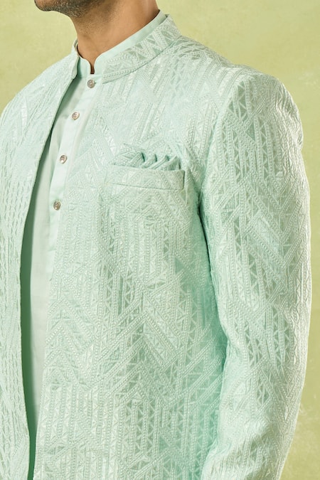 Shop_Spring Break_Green Silk, Cotton Satin Embroidery Geometric Thread Jacket Kurta Set 