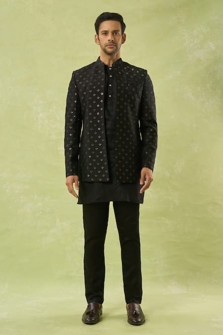 Spring Break Black Silk, Cotton Satin Sequins, Embroidery Geometric Jacket And Kurta Set Online at Aza Fashions Spring Break_Black Silk, Cotton Satin Sequins, Embroidery Geometric Jacket And Kurta Set _Online_at_Aza_Fashions