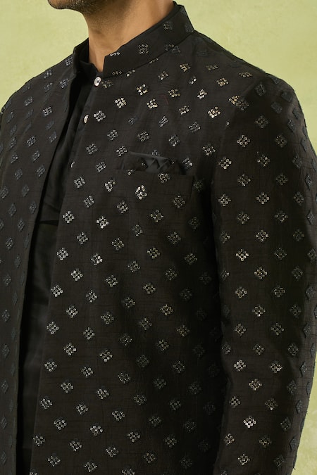Buy Spring Break Black Silk, Cotton Satin Sequins, Embroidery Geometric Jacket And Kurta Set Online at Aza Fashions Buy_Spring Break_Black Silk, Cotton Satin Sequins, Embroidery Geometric Jacket And Kurta Set _Online_at_Aza_Fashions
