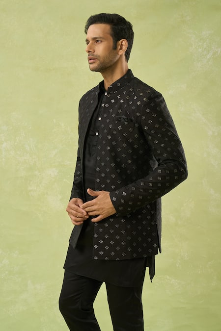 Spring Break Black Silk, Cotton Satin Sequins, Embroidery Geometric Jacket And Kurta Set at Aza Fashions Spring Break_Black Silk, Cotton Satin Sequins, Embroidery Geometric Jacket And Kurta Set _at_Aza_Fashions