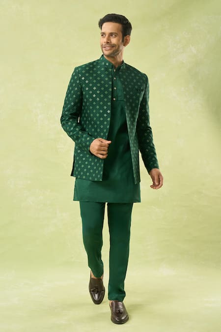 Spring Break_Emerald Green Silk, Cotton Satin Sequins, Embroidery Work Jacket And Kurta Set _Online_at_Aza_Fashions
