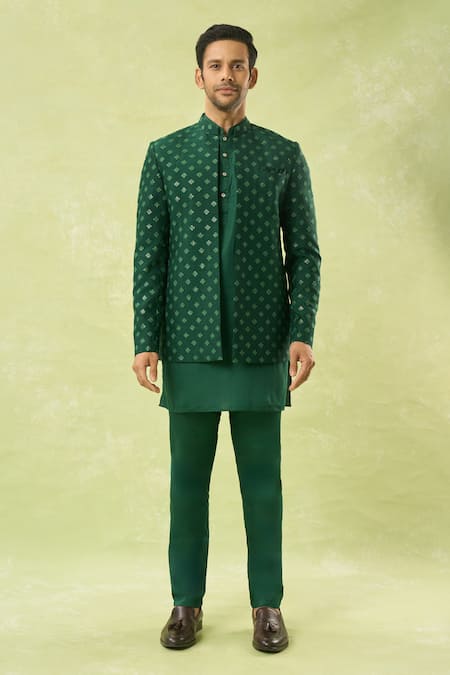 Buy_Spring Break_Emerald Green Silk, Cotton Satin Sequins, Embroidery Work Jacket And Kurta Set 