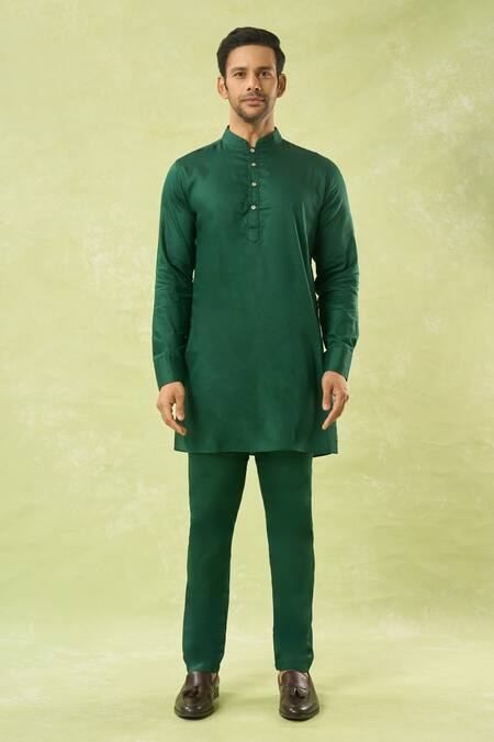 Shop_Spring Break_Emerald Green Silk, Cotton Satin Sequins, Embroidery Work Jacket And Kurta Set 