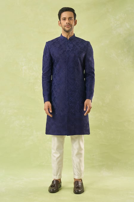Spring Break_White Cotton Satin, Silk Embroidery, Sequins Navy Blue Thread Sherwani Set _Online_at_Aza_Fashions
