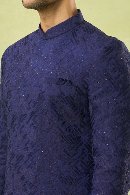 Buy_Spring Break_White Cotton Satin, Silk Embroidery, Sequins Navy Blue Thread Sherwani Set _Online_at_Aza_Fashions