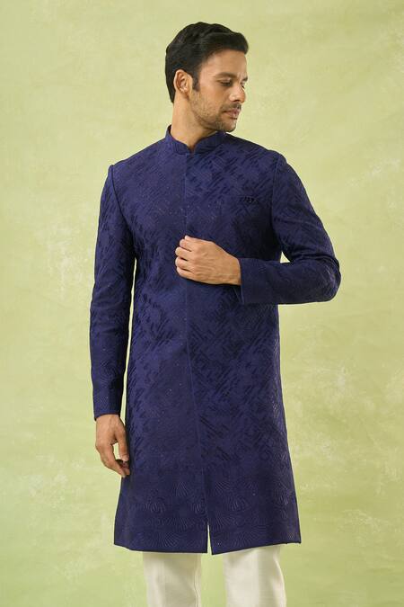 Shop_Spring Break_White Cotton Satin, Silk Embroidery, Sequins Navy Blue Thread Sherwani Set _Online_at_Aza_Fashions