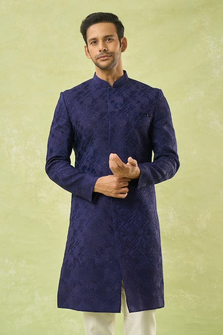 Spring Break_White Cotton Satin, Silk Embroidery, Sequins Navy Blue Thread Sherwani Set _at_Aza_Fashions