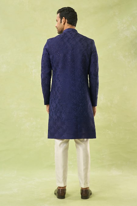 Spring Break Navy Blue Thread Embroidered Sherwani Set 