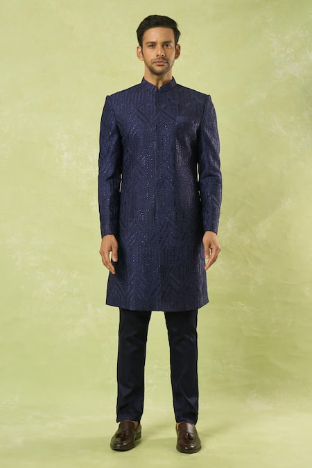Buy_Spring Break_Navy Cotton Satin, Silk Embroidery, Sequins Chevron Sherwani Set _Online_at_Aza_Fashions