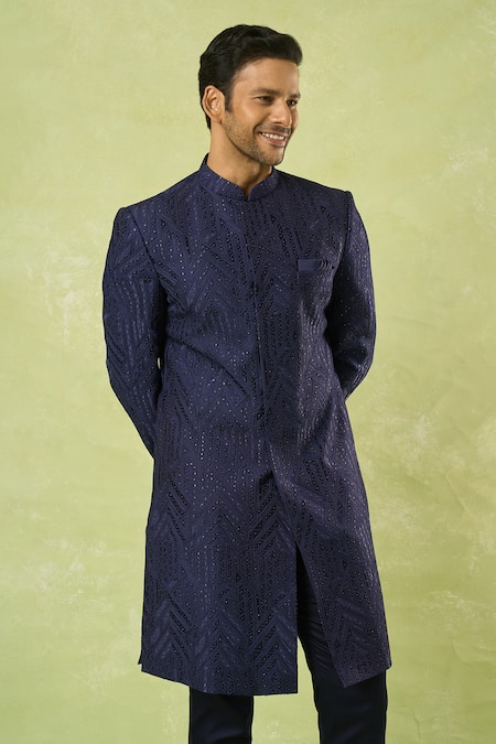Spring Break_Navy Cotton Satin, Silk Embroidery, Sequins Chevron Sherwani Set _at_Aza_Fashions