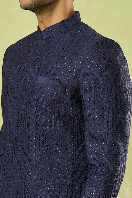 Buy_Spring Break_Navy Cotton Satin, Silk Embroidery, Sequins Chevron Sherwani Set 