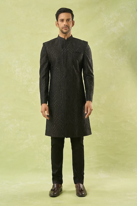Spring Break_Black Cotton Satin, Silk Embroidery, Sequins Geometric Sherwani Set _Online_at_Aza_Fashions