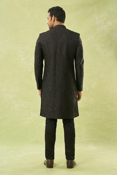 Spring Break Geometric Embroidered Black Sherwani Set 