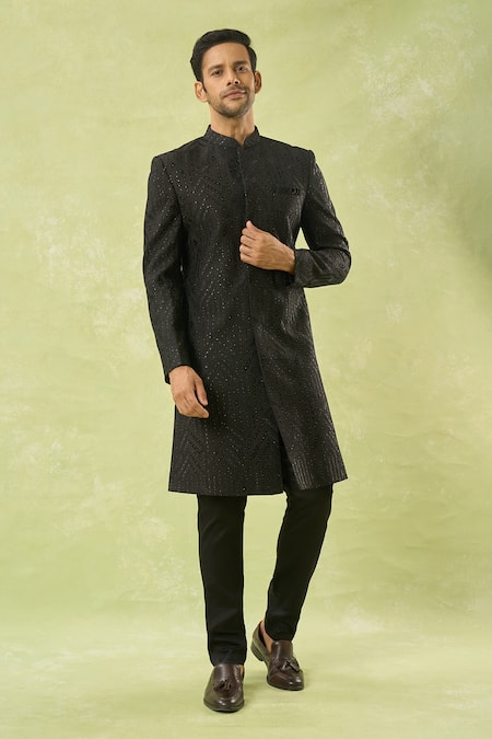 Buy_Spring Break_Black Cotton Satin, Silk Embroidery, Sequins Geometric Sherwani Set _Online_at_Aza_Fashions