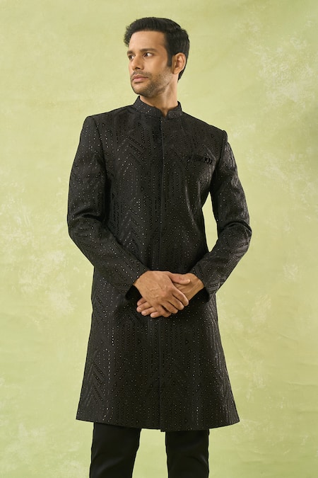 Shop_Spring Break_Black Cotton Satin, Silk Embroidery, Sequins Geometric Sherwani Set _Online_at_Aza_Fashions