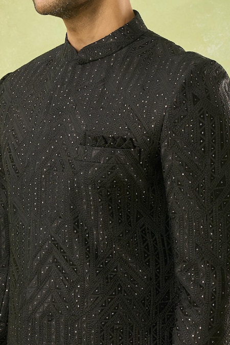 Spring Break_Black Cotton Satin, Silk Embroidery, Sequins Geometric Sherwani Set _at_Aza_Fashions