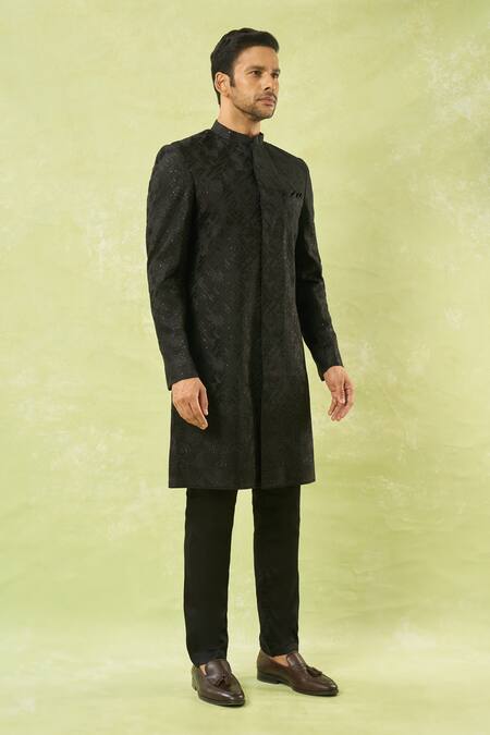 Spring Break_Black Cotton Satin, Silk Sequins, Embroidery Sherwani Set _Online_at_Aza_Fashions