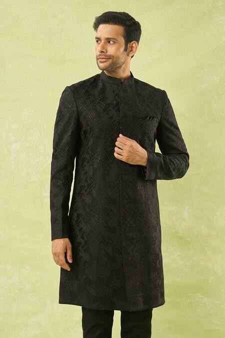 Shop_Spring Break_Black Cotton Satin, Silk Sequins, Embroidery Sherwani Set _Online_at_Aza_Fashions