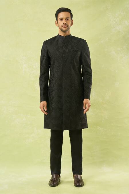 Spring Break_Black Cotton Satin, Silk Sequins, Embroidery Sherwani Set _at_Aza_Fashions