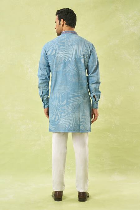 Shop_Spring Break_Blue Denim, Cotton Tropical Print Kurta Set_at_Aza_Fashions