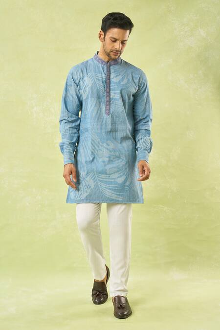 Shop_Spring Break_Blue Denim, Cotton Tropical Print Kurta Set_Online_at_Aza_Fashions