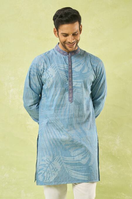 Spring Break_Blue Denim, Cotton Tropical Print Kurta Set_at_Aza_Fashions