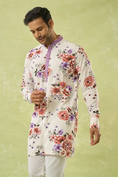 Buy_Spring Break_White Rayon, Cotton Floral Print Kurta Set _Online_at_Aza_Fashions
