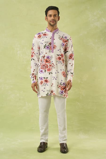 Shop_Spring Break_White Rayon, Cotton Floral Print Kurta Set _Online_at_Aza_Fashions