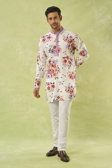 Spring Break_White Rayon, Cotton Floral Print Kurta Set _at_Aza_Fashions