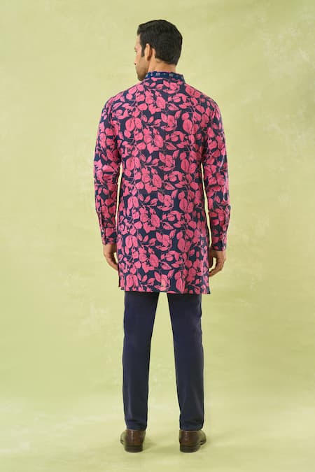 Shop_Spring Break_Pink Cotton, Silk Tropical Print Kurta Set _at_Aza_Fashions