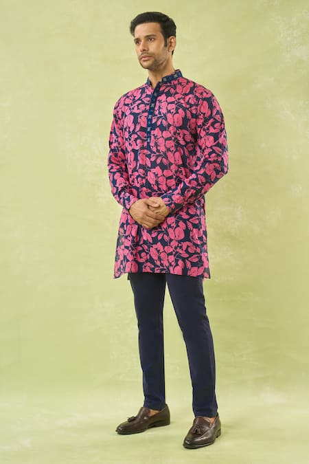 Shop_Spring Break_Pink Cotton, Silk Tropical Print Kurta Set _Online_at_Aza_Fashions