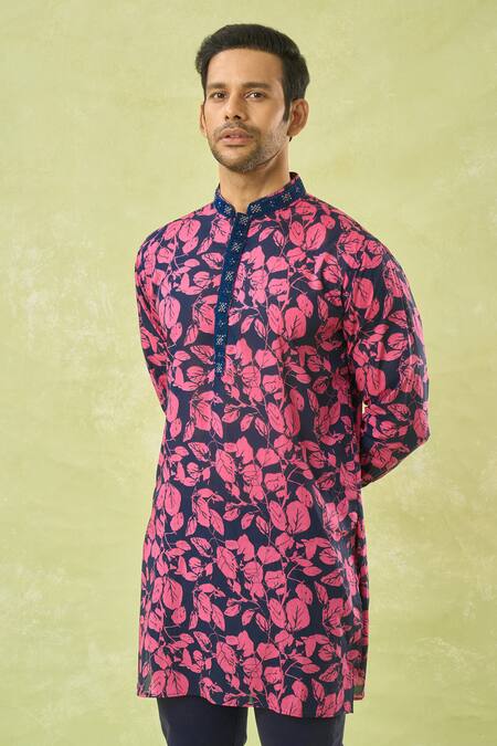 Spring Break_Pink Cotton, Silk Tropical Print Kurta Set _at_Aza_Fashions