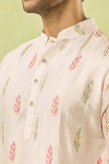 Spring Break_Pink Silk, Cotton Embroidery Leaf Kurta Set _Online_at_Aza_Fashions