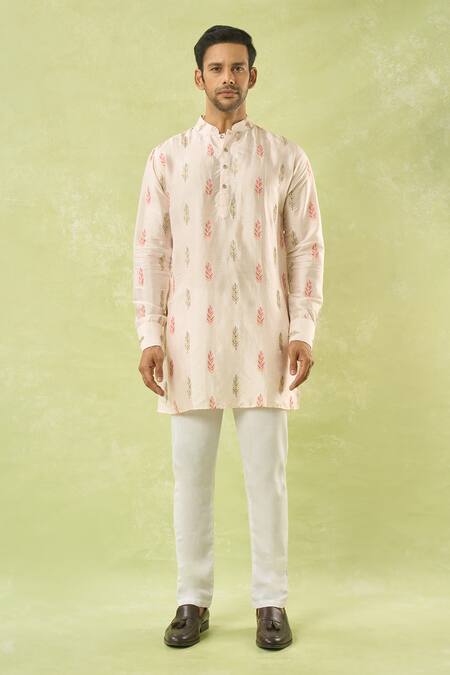 Shop_Spring Break_Pink Silk, Cotton Embroidery Leaf Kurta Set _Online_at_Aza_Fashions