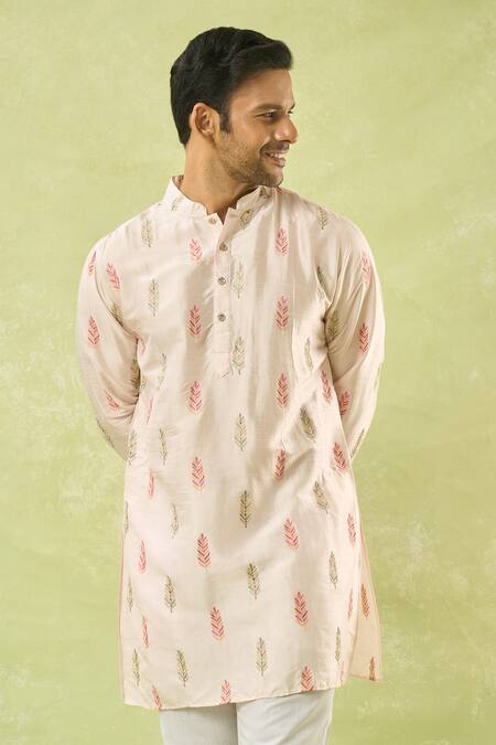 Shop_Spring Break_Pink Silk, Cotton Embroidery Leaf Kurta Set 