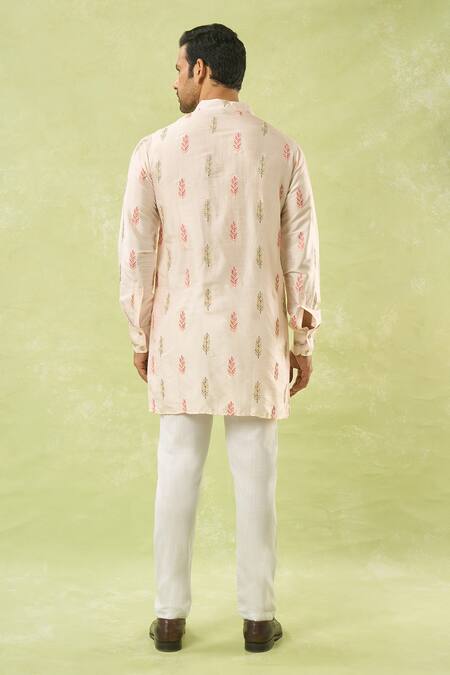 Shop_Spring Break_Pink Silk, Cotton Embroidery Leaf Kurta Set _at_Aza_Fashions