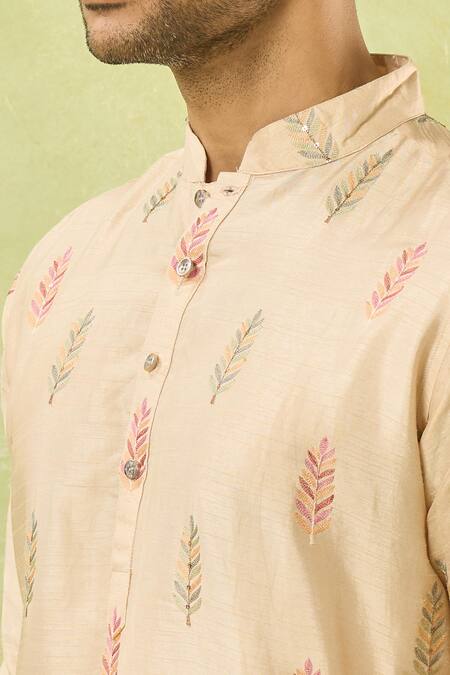 Spring Break_Beige Silk, Cotton Embroidery Leaf Kurta And Pant Set_Online_at_Aza_Fashions