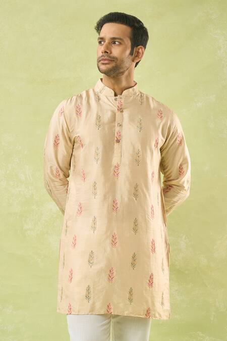 Shop_Spring Break_Beige Silk, Cotton Embroidery Leaf Kurta And Pant Set_Online_at_Aza_Fashions