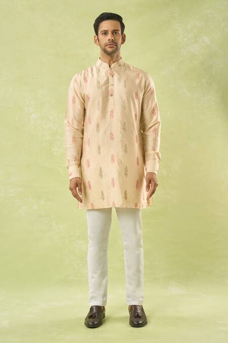 Spring Break_Beige Silk, Cotton Embroidery Leaf Kurta And Pant Set_at_Aza_Fashions