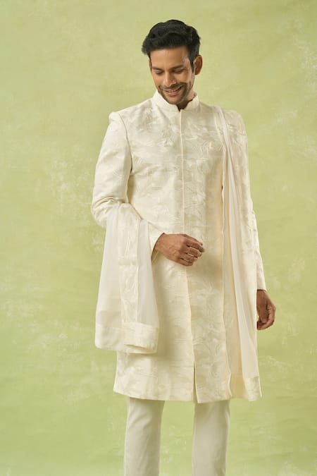 Buy_Spring Break_Ivory Cotton Satin, Silk Embroidery Floral Sherwani Set _Online_at_Aza_Fashions