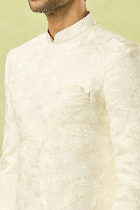 Spring Break_Ivory Cotton Satin, Silk Embroidery Floral Sherwani Set _at_Aza_Fashions