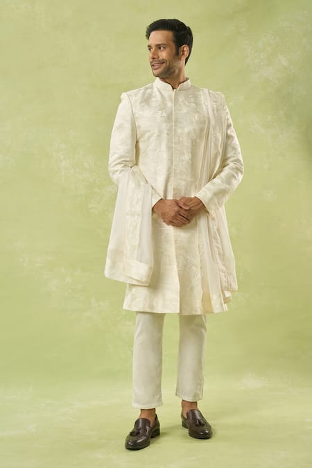 Buy_Spring Break_Ivory Cotton Satin, Silk Embroidery Floral Sherwani Set 
