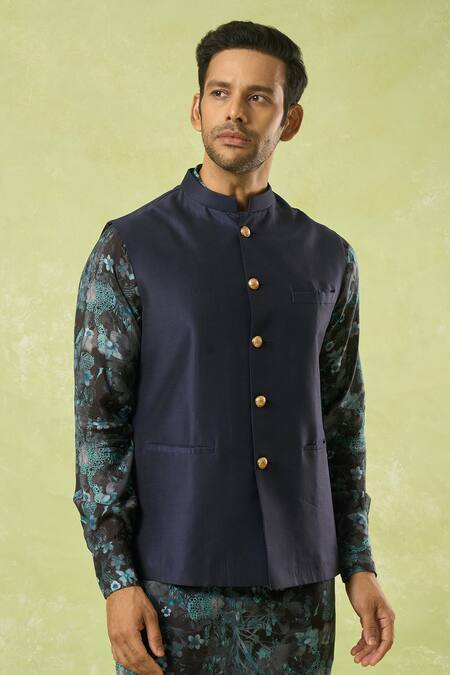 Spring Break_Blue Cotton, Silk, Muslin Floral Print Kurta Set With Bundi _Online_at_Aza_Fashions