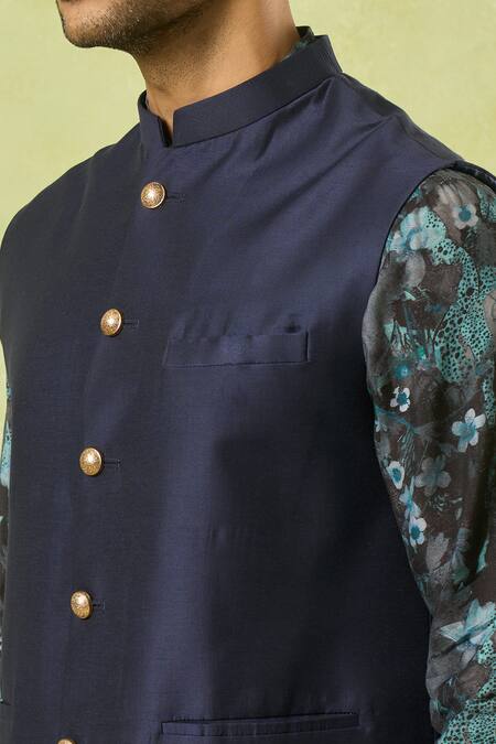 Buy_Spring Break_Blue Cotton, Silk, Muslin Floral Print Kurta Set With Bundi _Online_at_Aza_Fashions