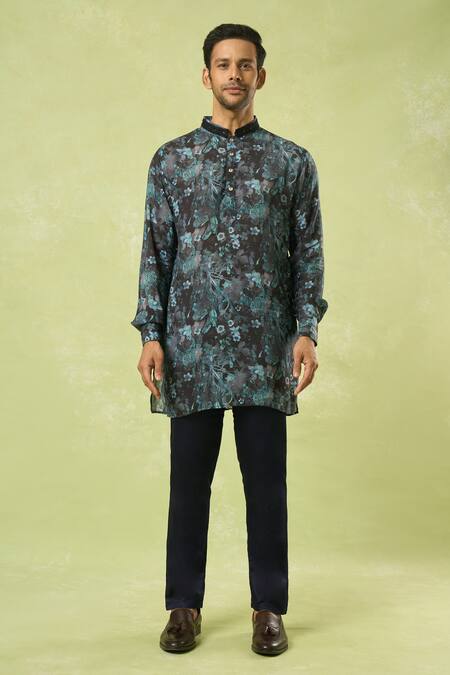 Spring Break_Blue Cotton, Silk, Muslin Floral Print Kurta Set With Bundi _at_Aza_Fashions