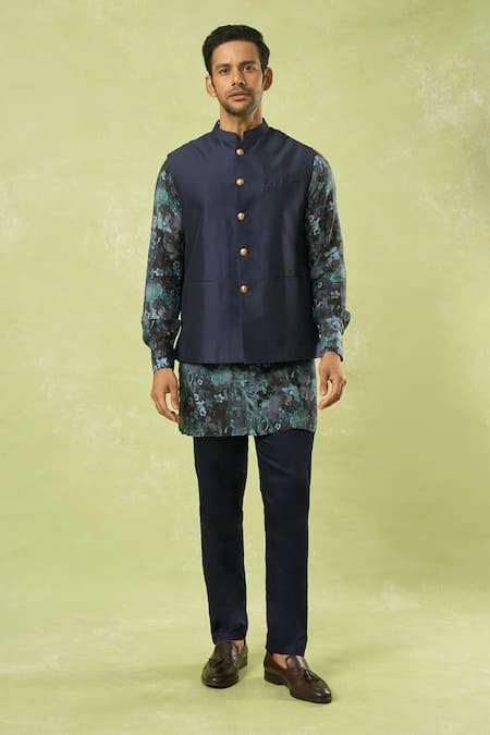 Buy_Spring Break_Blue Cotton, Silk, Muslin Floral Print Kurta Set With Bundi 