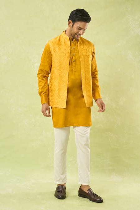 Spring Break_Yellow Viscose, Cotton Satin Embroidery Geometric Bundi And Kurta Set _Online_at_Aza_Fashions