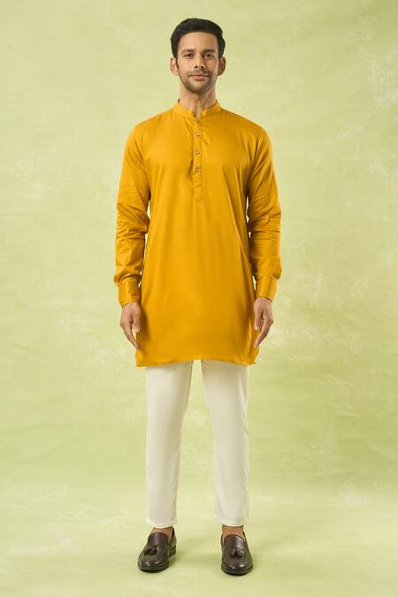 Shop_Spring Break_Yellow Viscose, Cotton Satin Embroidery Geometric Bundi And Kurta Set _Online_at_Aza_Fashions